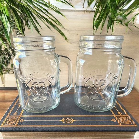 Set of 2 County Fair Drinking Jar Mugs with Handles - Clear Glass - Picture 1 of 7